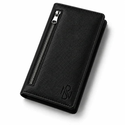 Premium Vertical Leather Wallet with Exterior Zipper Pocket