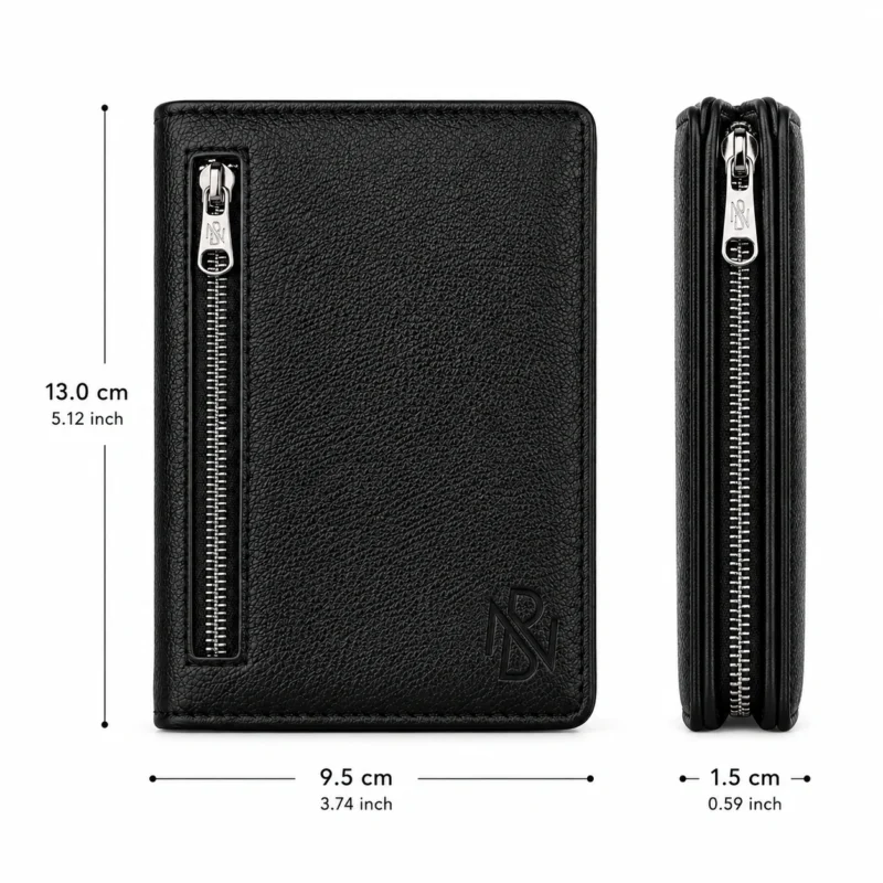 Premium Vertical Leather Wallet with Exterior Zipper Pocket