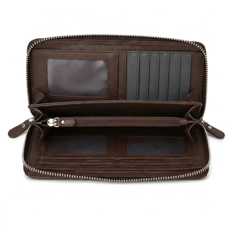 Premium Leather Zip Around Long Wallet with Wrist Strap