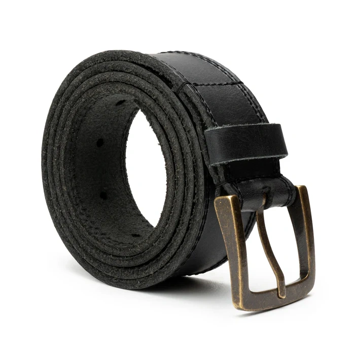 Two Row Stitch Thick Leather Belt – Antique Brass Buckle