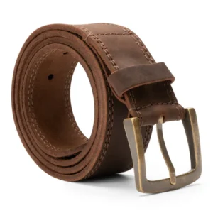 Two Row Stitch Thick Leather Belt – Antique Brass Buckle