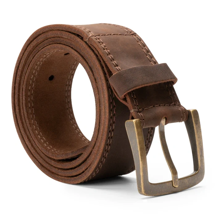 Two Row Stitch Thick Leather Belt – Antique Brass Buckle