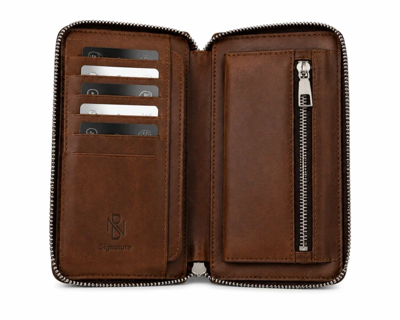 Leather Long Wallet with Mobile Phone Pouch